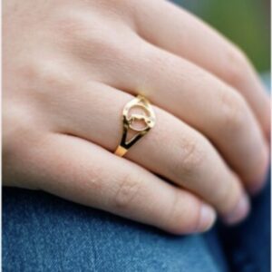 Justerebar ring med håndbold spiller i guld look.
